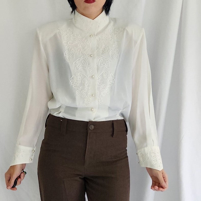 90s White Embroidered High Neck Blouse