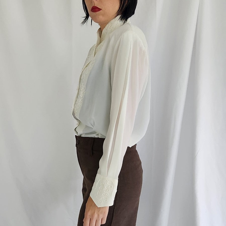 90s White Embroidered High Neck Blouse