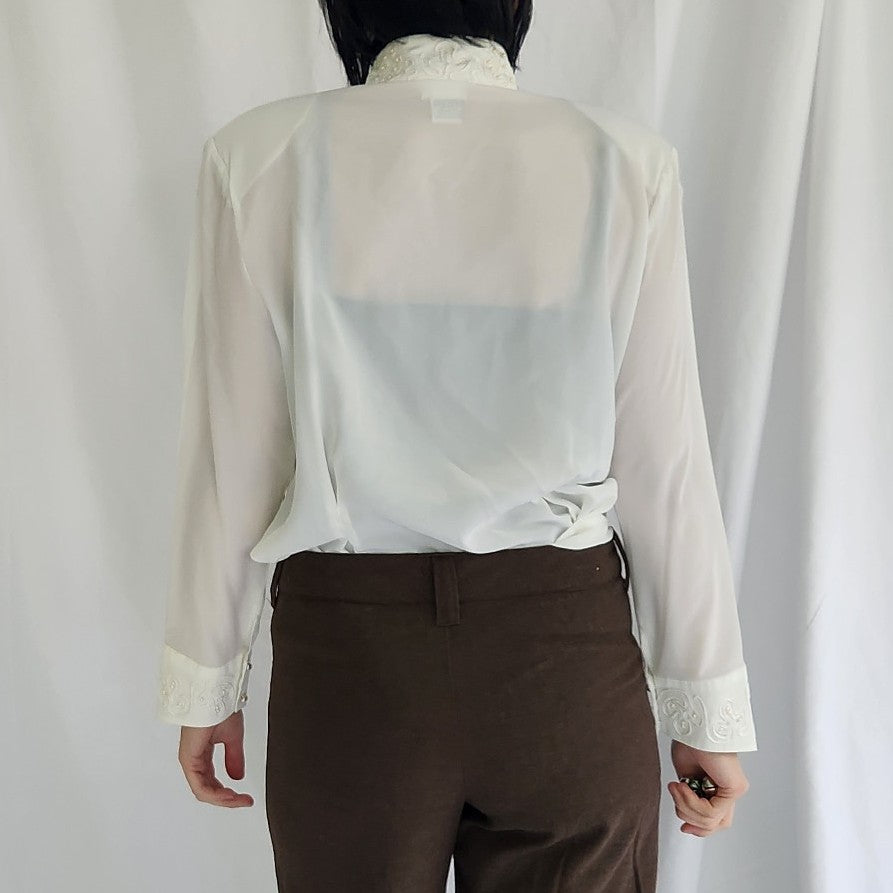 90s White Embroidered High Neck Blouse
