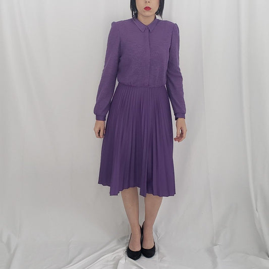 80s Purple Pleated Long Sleeve Dress