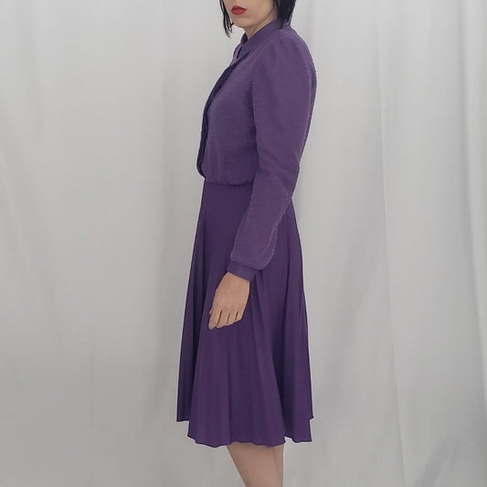 80s Purple Pleated Long Sleeve Dress