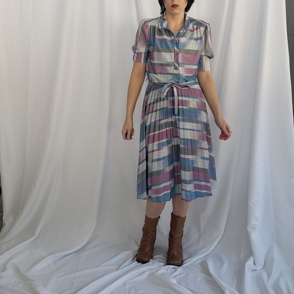 70s/80s Gray, Purple, and Blue Striped Pleated Dress