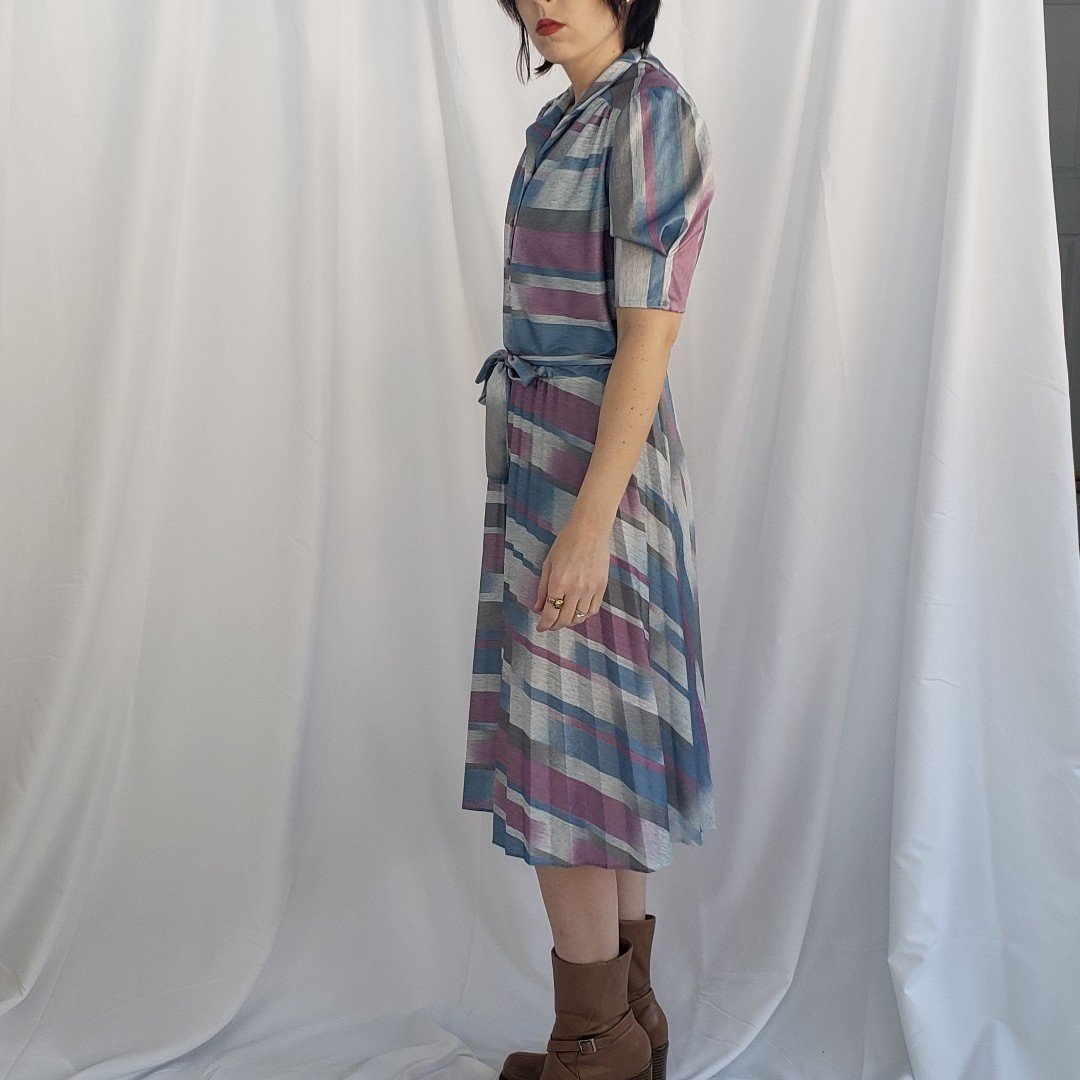 70s/80s Gray, Purple, and Blue Striped Pleated Dress