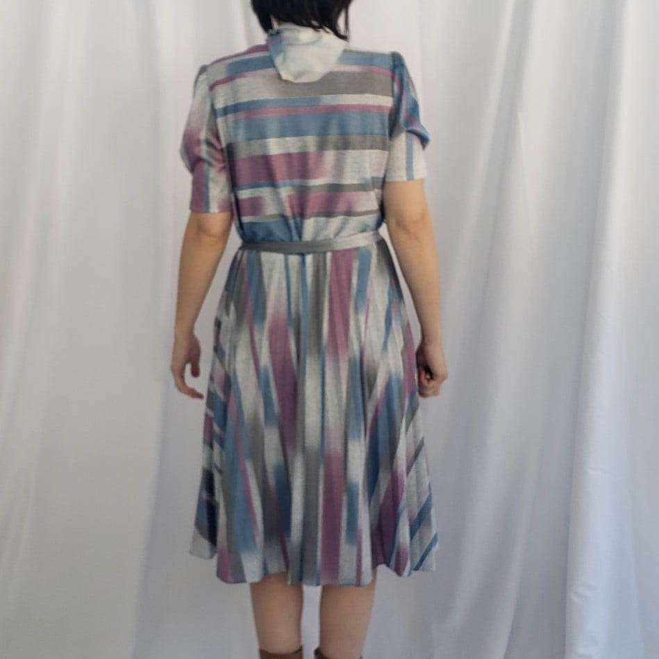 70s/80s Gray, Purple, and Blue Striped Pleated Dress