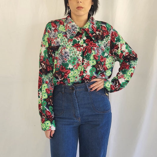 70s Green and Red Home Made Floral Button Down