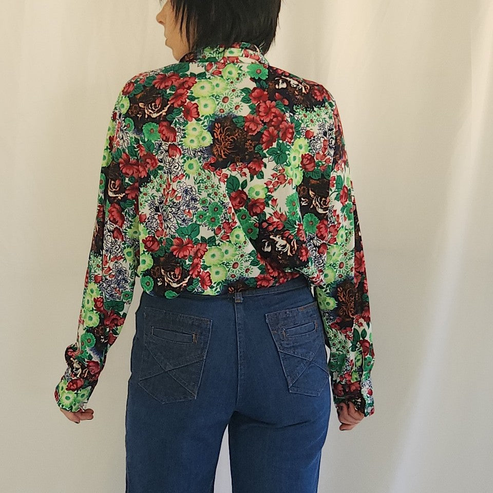 70s Green and Red Home Made Floral Button Down