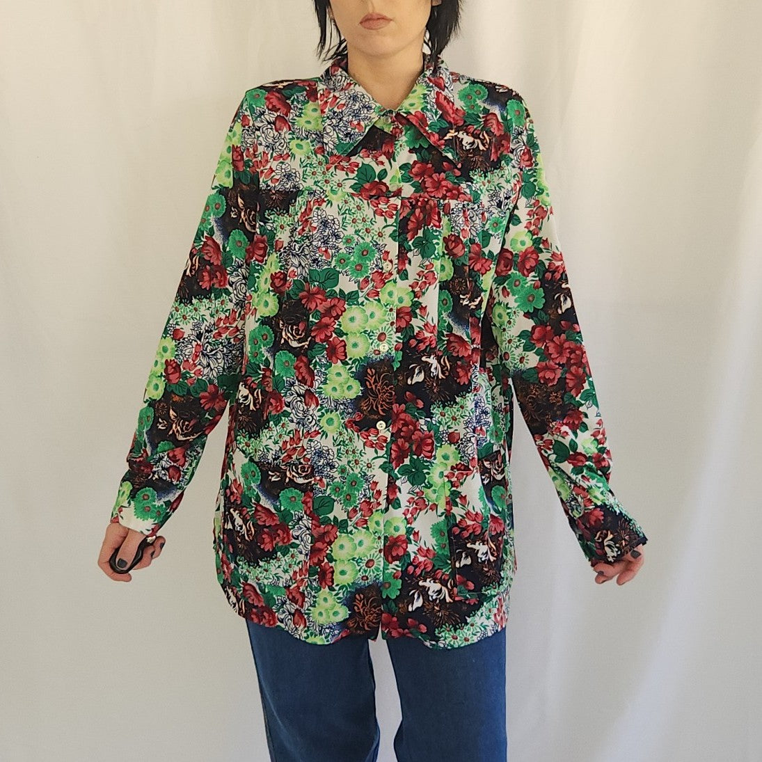 70s Green and Red Home Made Floral Button Down