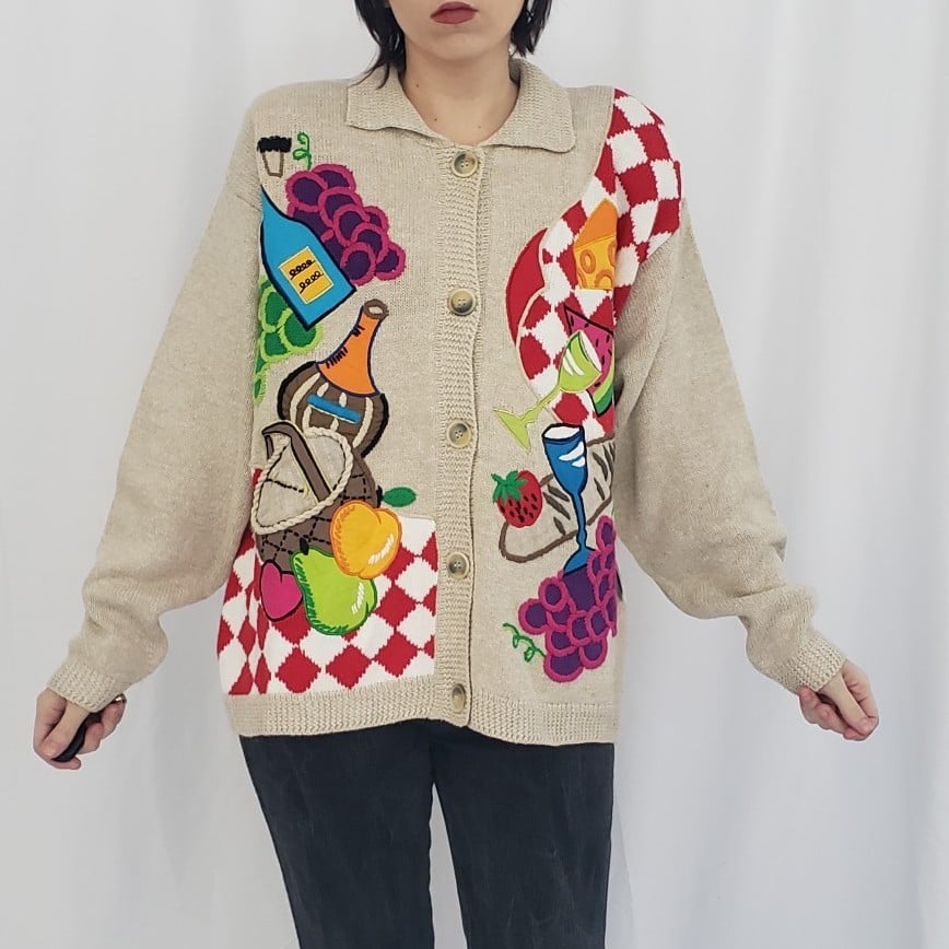 90s Deadstock I.B. Diffusion Picnic and Wine Theme Ramie and Cotton Cardigan