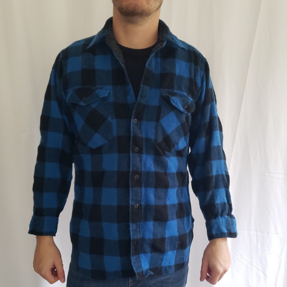 70s/80s Pendleton Blue and Black Plaid Wool Shirt