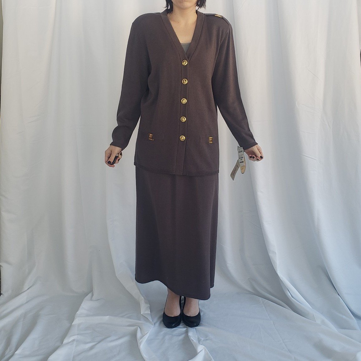 90s Deadstock Gray Knit Skirt and Cardigan Set