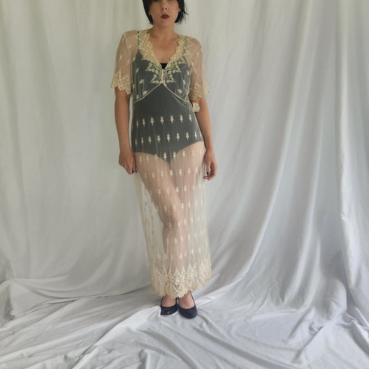 90s Deadstock White Rose Kathryn Harestad Cream Lace Dress