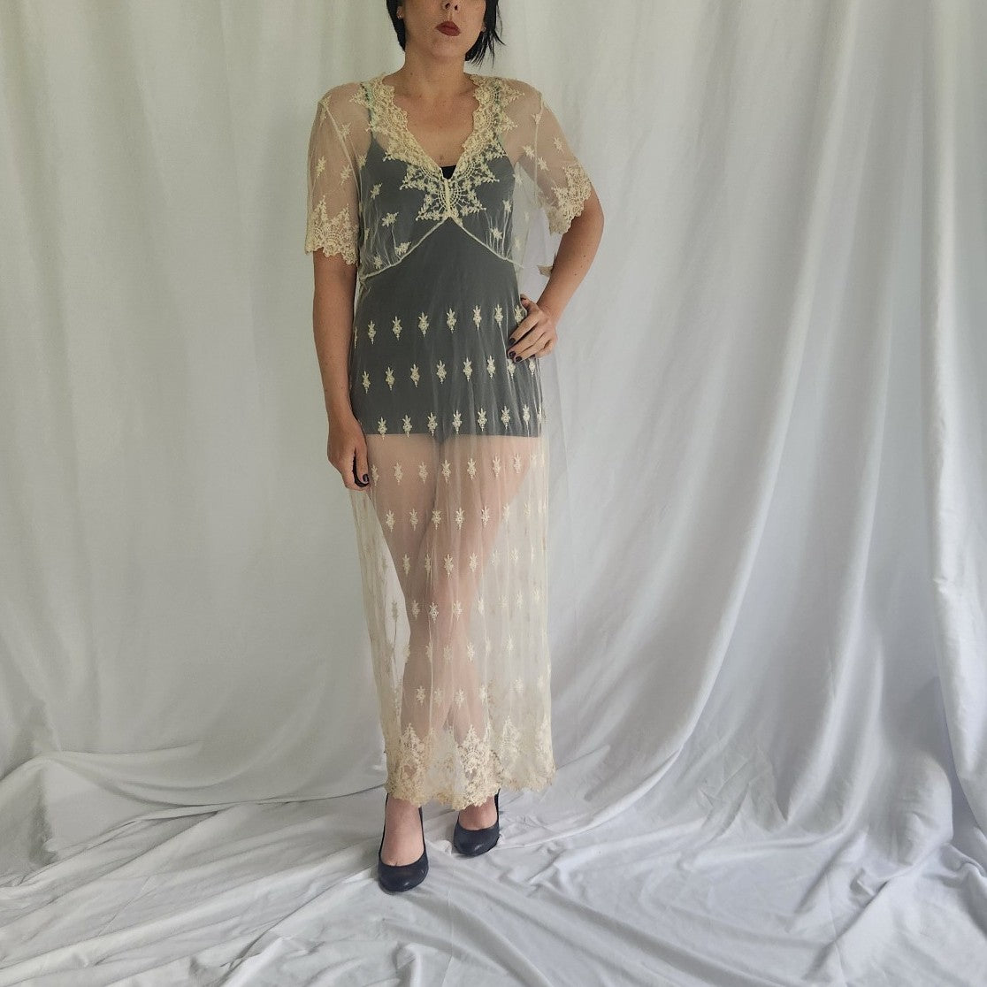 90s Deadstock White Rose Kathryn Harestad Cream Lace Dress