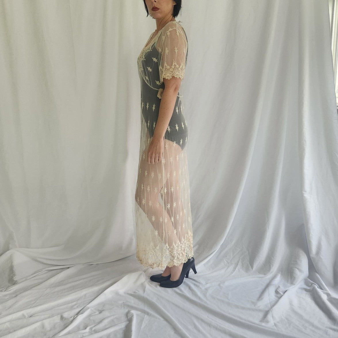 90s Deadstock White Rose Kathryn Harestad Cream Lace Dress