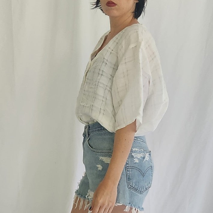 90s Ivory Plaid Oversize Blouse