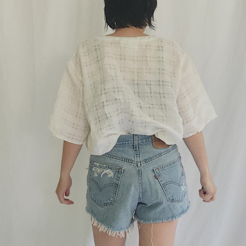 90s Ivory Plaid Oversize Blouse