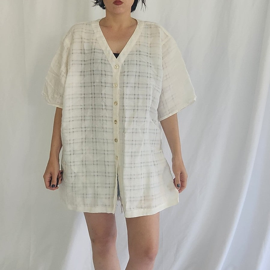 90s Ivory Plaid Oversize Blouse