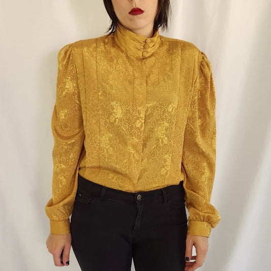80s Gold Floral High Neck Blouse