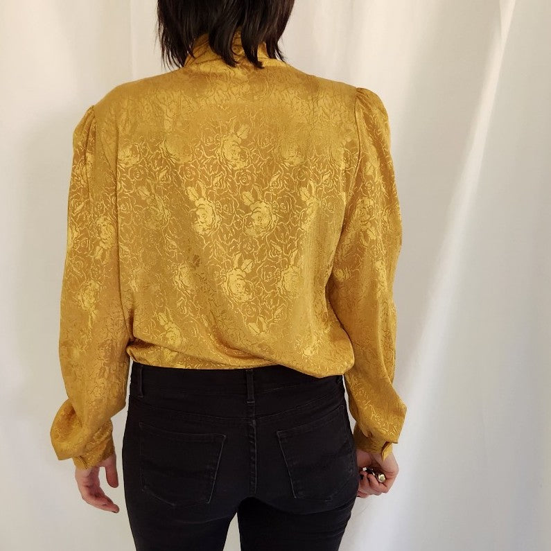 80s Gold Floral High Neck Blouse
