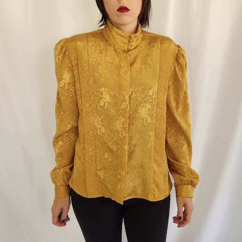 80s Gold Floral High Neck Blouse