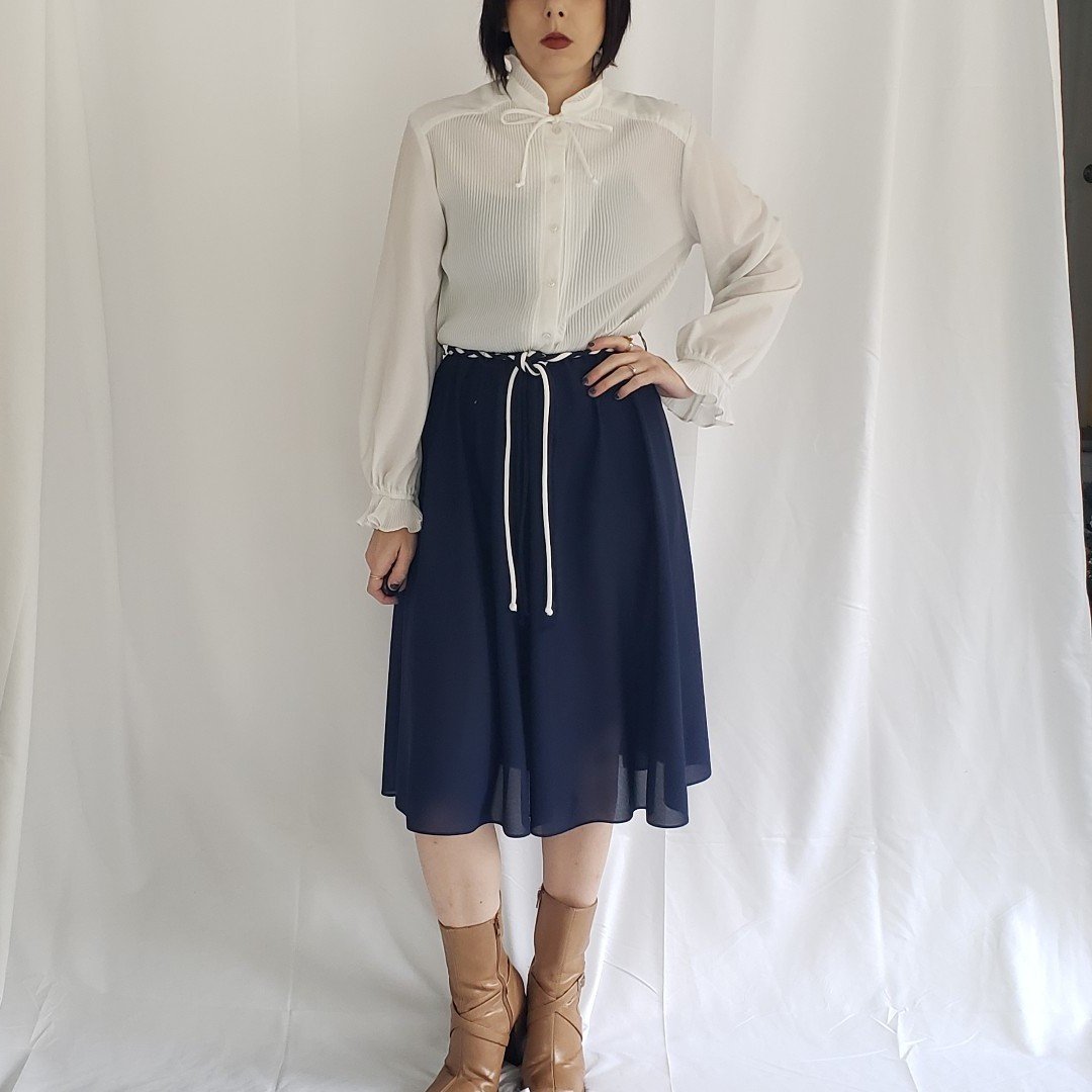 70s White and Blue Day Dress with Pleated Top