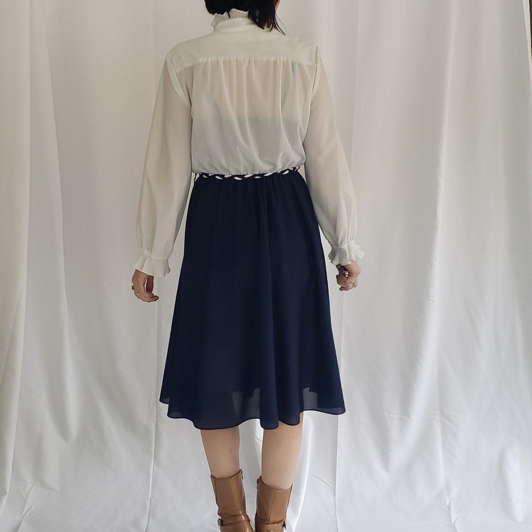 70s White and Blue Day Dress with Pleated Top