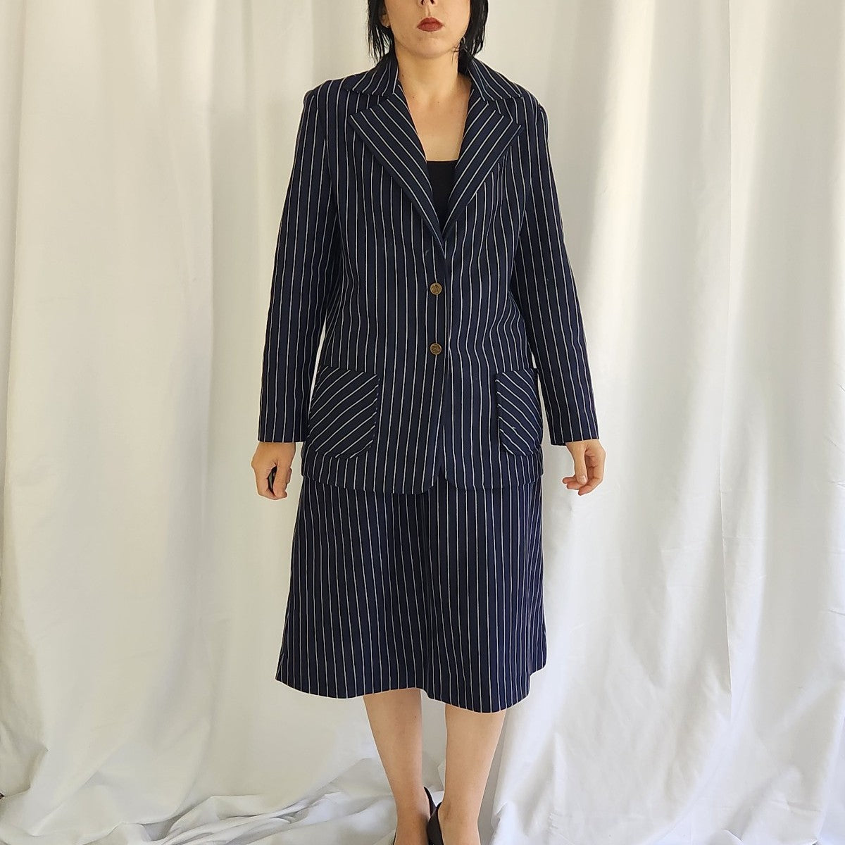 70s Navy Striped Skirt Suit