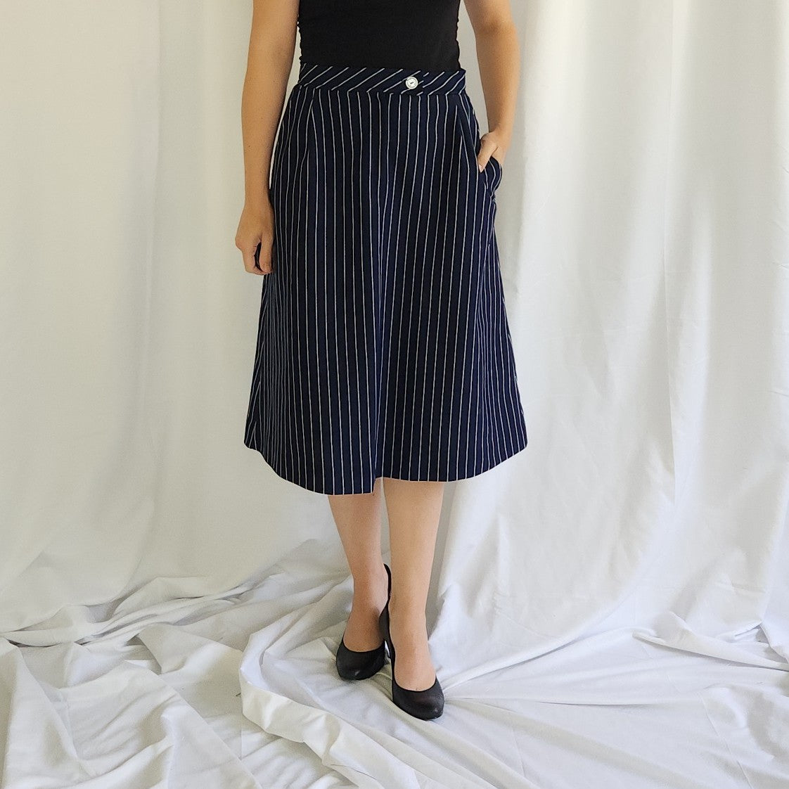 70s Navy Striped Skirt Suit