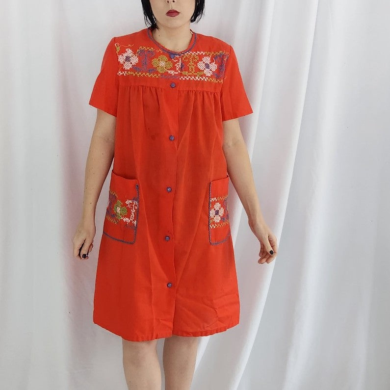 70s Red Cross Stitch House Coat