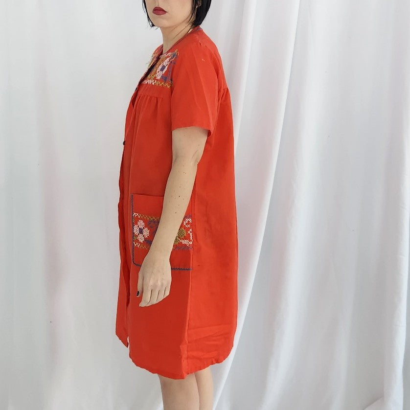 70s Red Cross Stitch House Coat