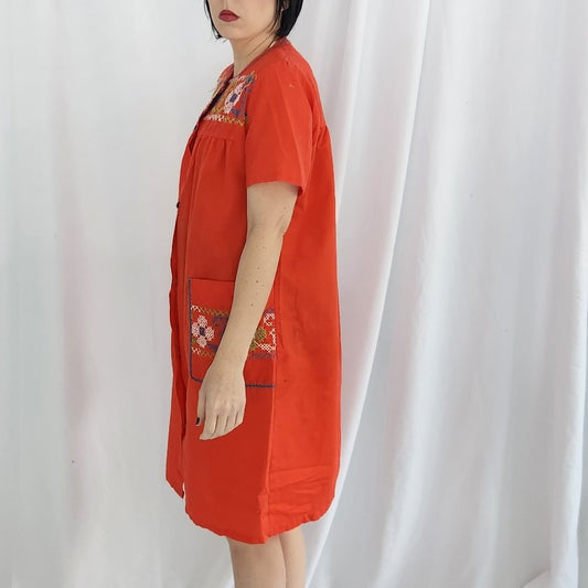 70s Red Cross Stitch House Coat