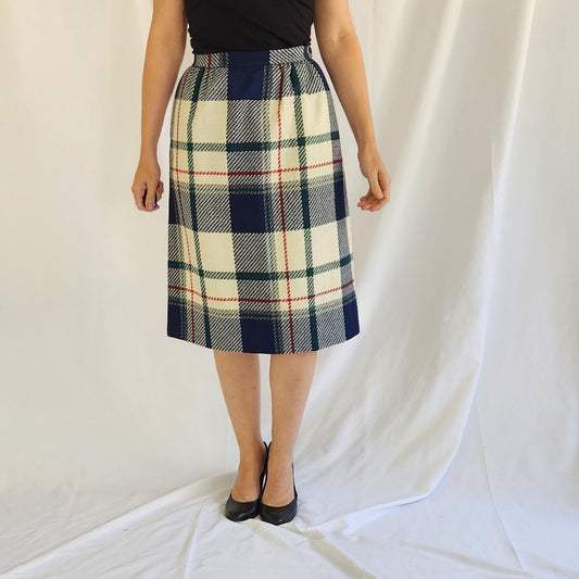 80s/90s Cream and Blue Plaid Wool Blend Skirt