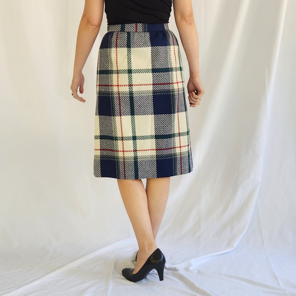 80s/90s Cream and Blue Plaid Wool Blend Skirt