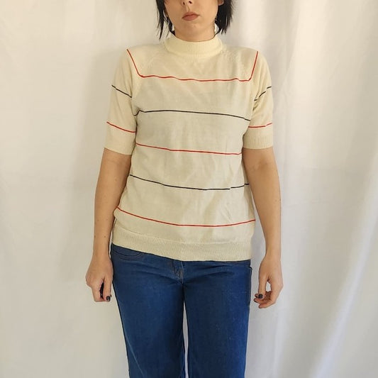 70s Cream Striped Short Sleeve Sweater