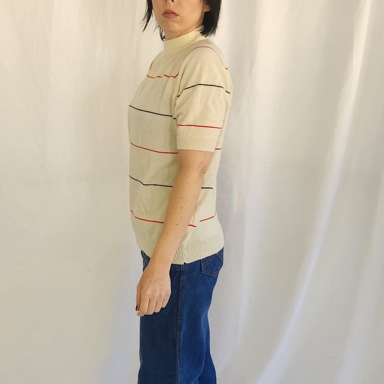 70s Cream Striped Short Sleeve Sweater