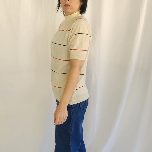 70s Cream Striped Short Sleeve Sweater