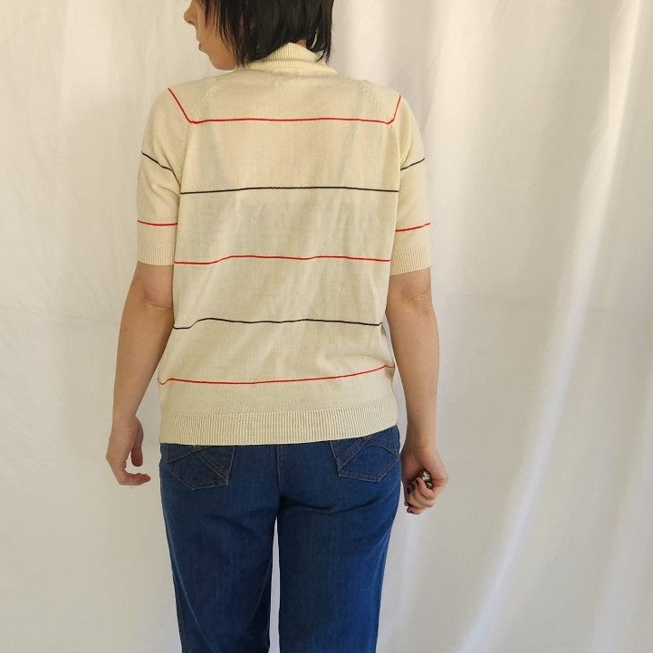 70s Cream Striped Short Sleeve Sweater