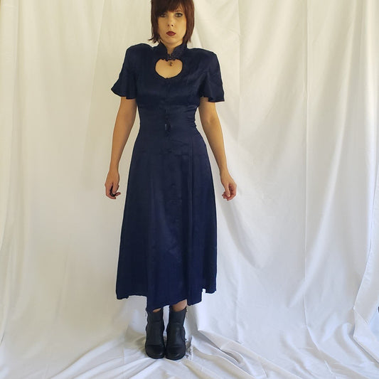 90s Blue Satin Button Down Midi Dress with Corset Back