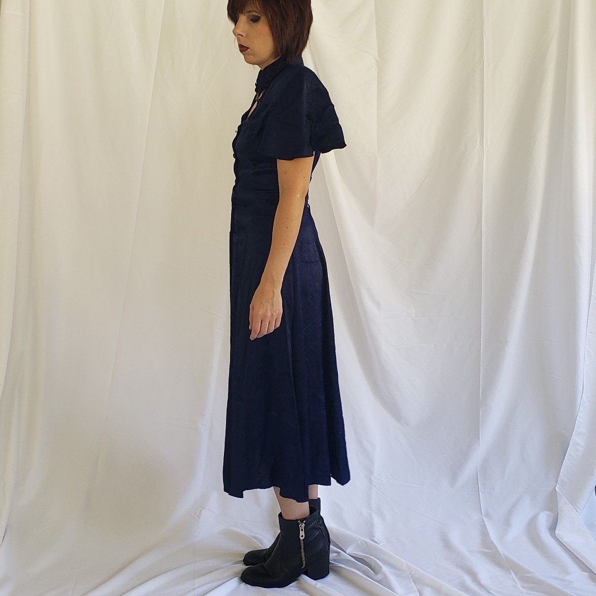 90s Blue Satin Button Down Midi Dress with Corset Back