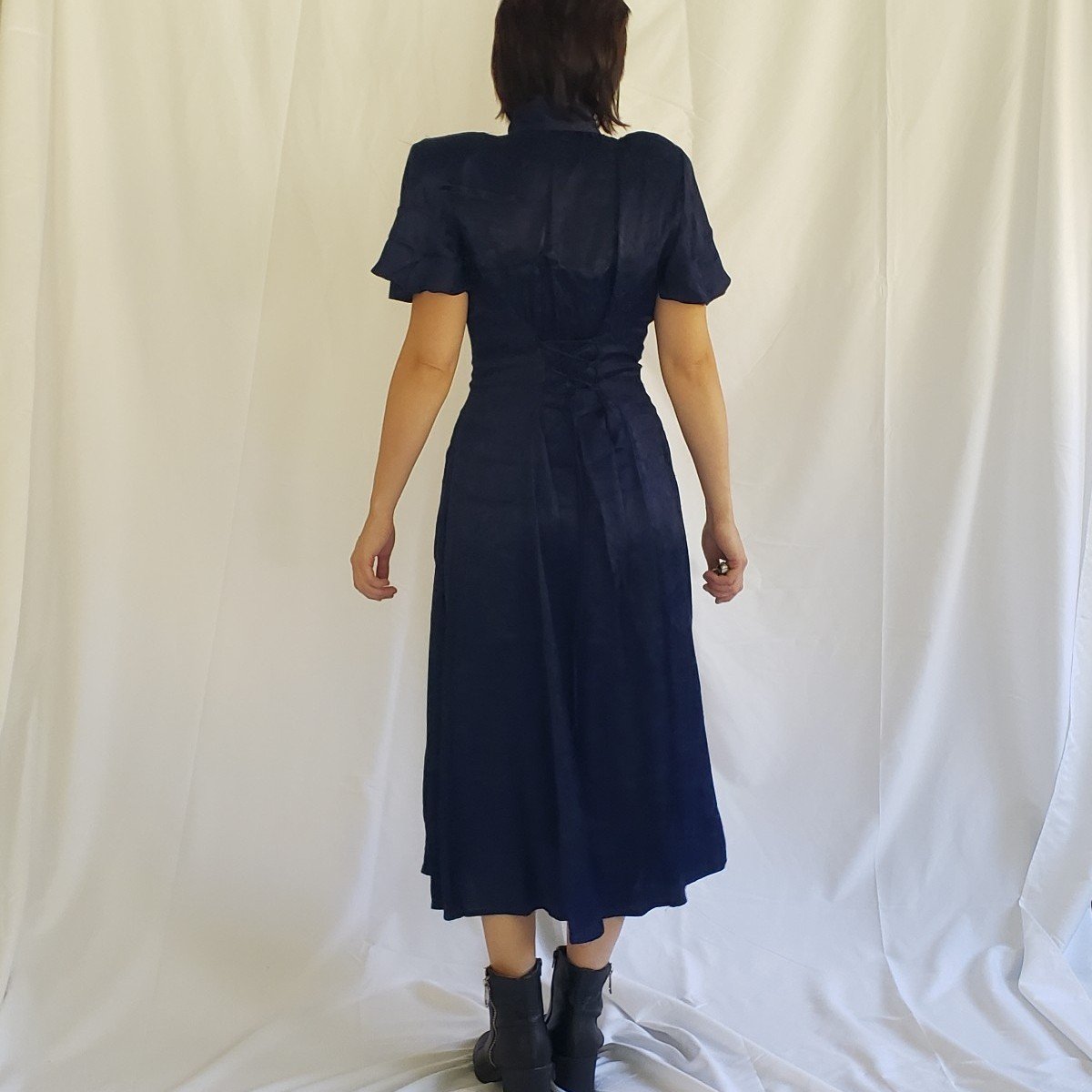 90s Blue Satin Button Down Midi Dress with Corset Back