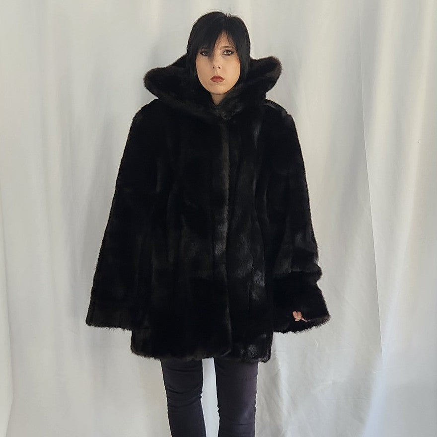 90s Chocolate Brown Faux Fur Hooded Coat