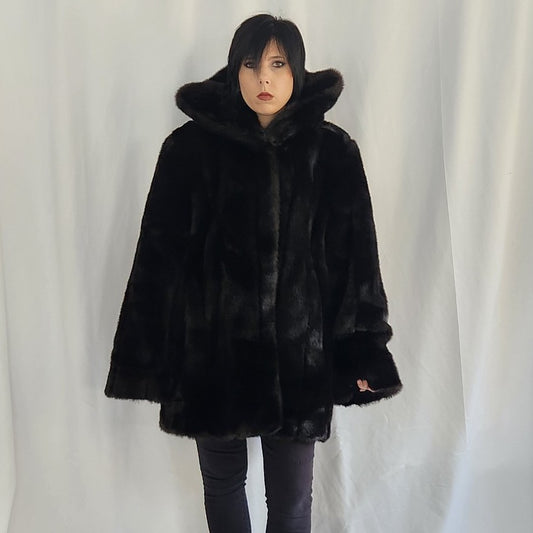 90s Chocolate Brown Faux Fur Hooded Coat