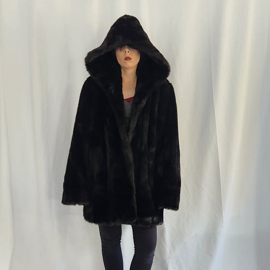 90s Chocolate Brown Faux Fur Hooded Coat