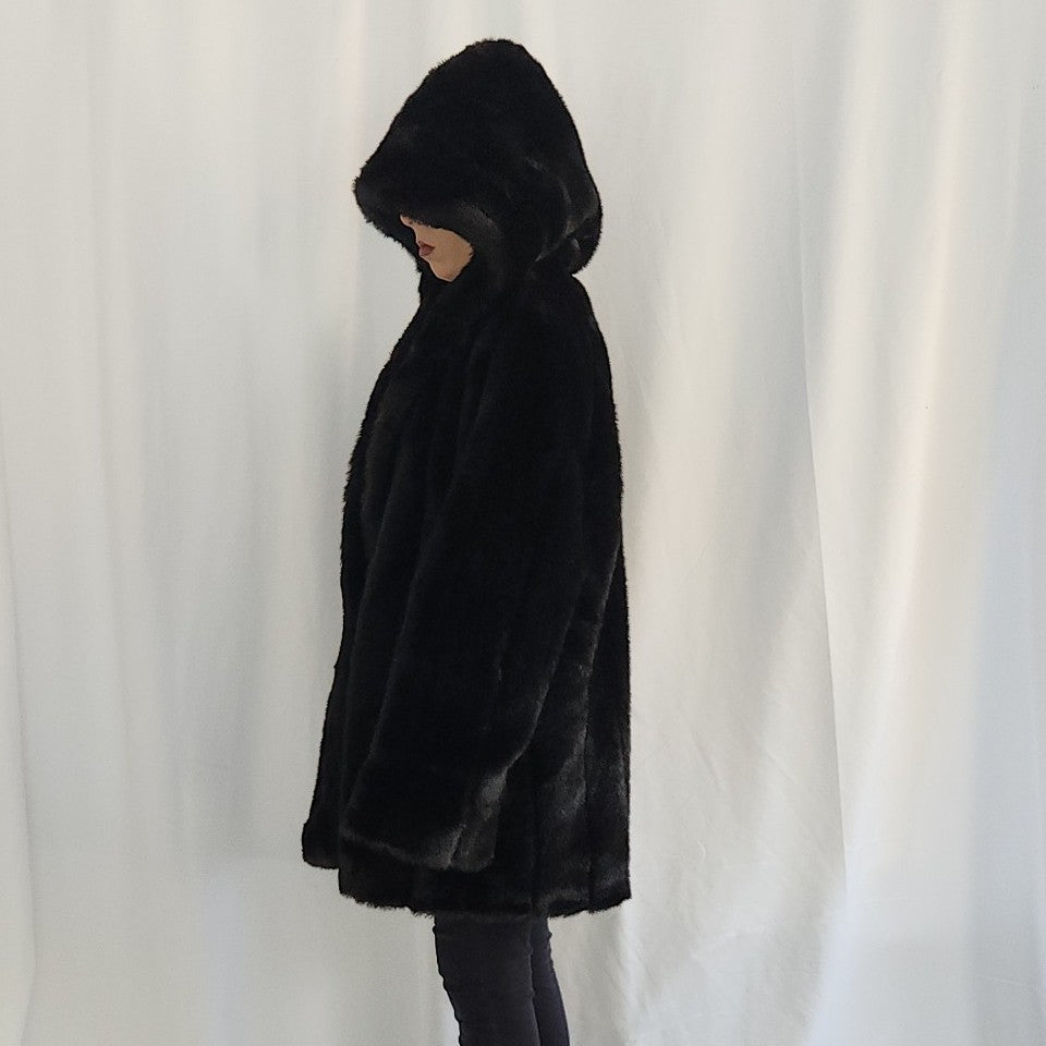 90s Chocolate Brown Faux Fur Hooded Coat