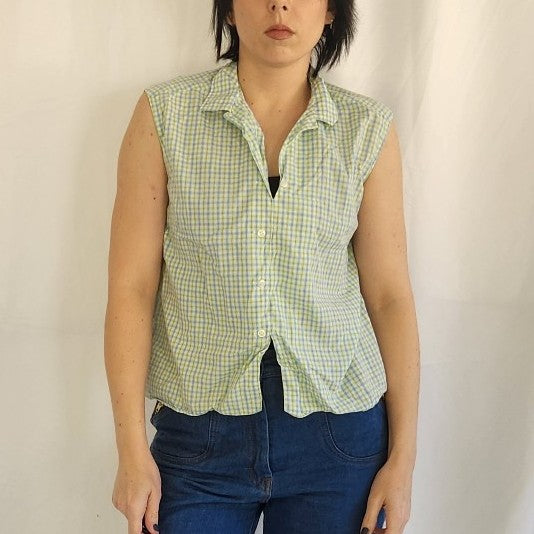 60s/70s Blue and Green Plaid Sleeveless Shirt