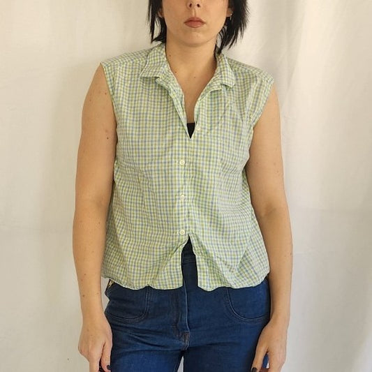 60s/70s Blue and Green Plaid Sleeveless Shirt