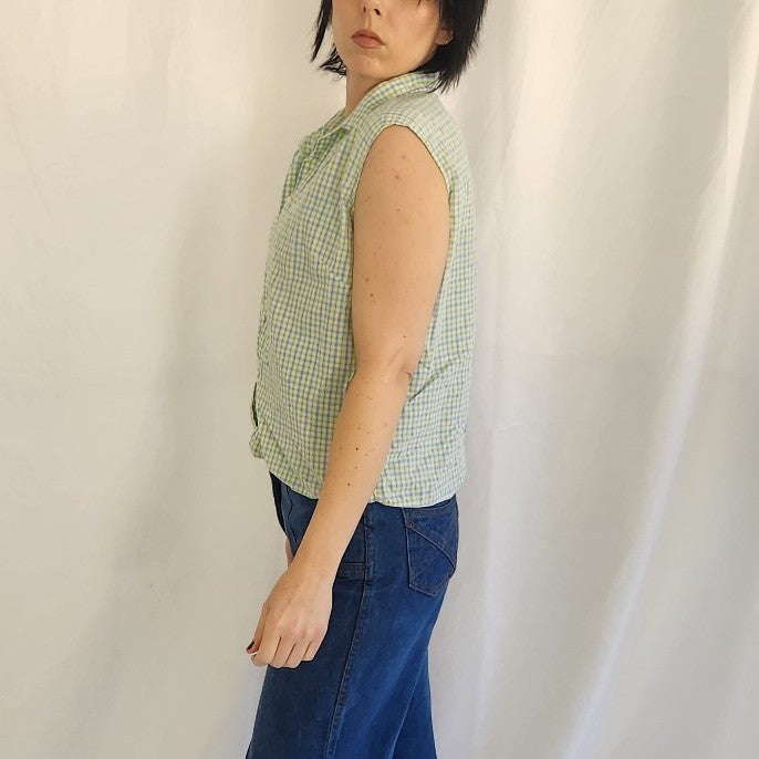 60s/70s Blue and Green Plaid Sleeveless Shirt
