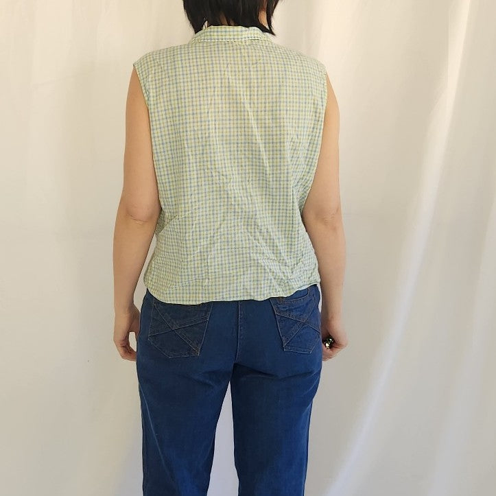 60s/70s Blue and Green Plaid Sleeveless Shirt