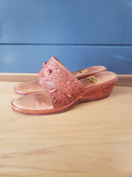70s Leather Wedge Sandals