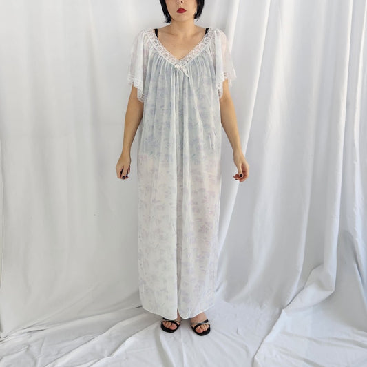 80s White, Blue, and Purple Floral Nightgown