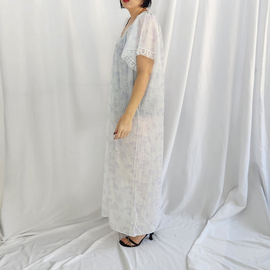 80s White, Blue, and Purple Floral Nightgown